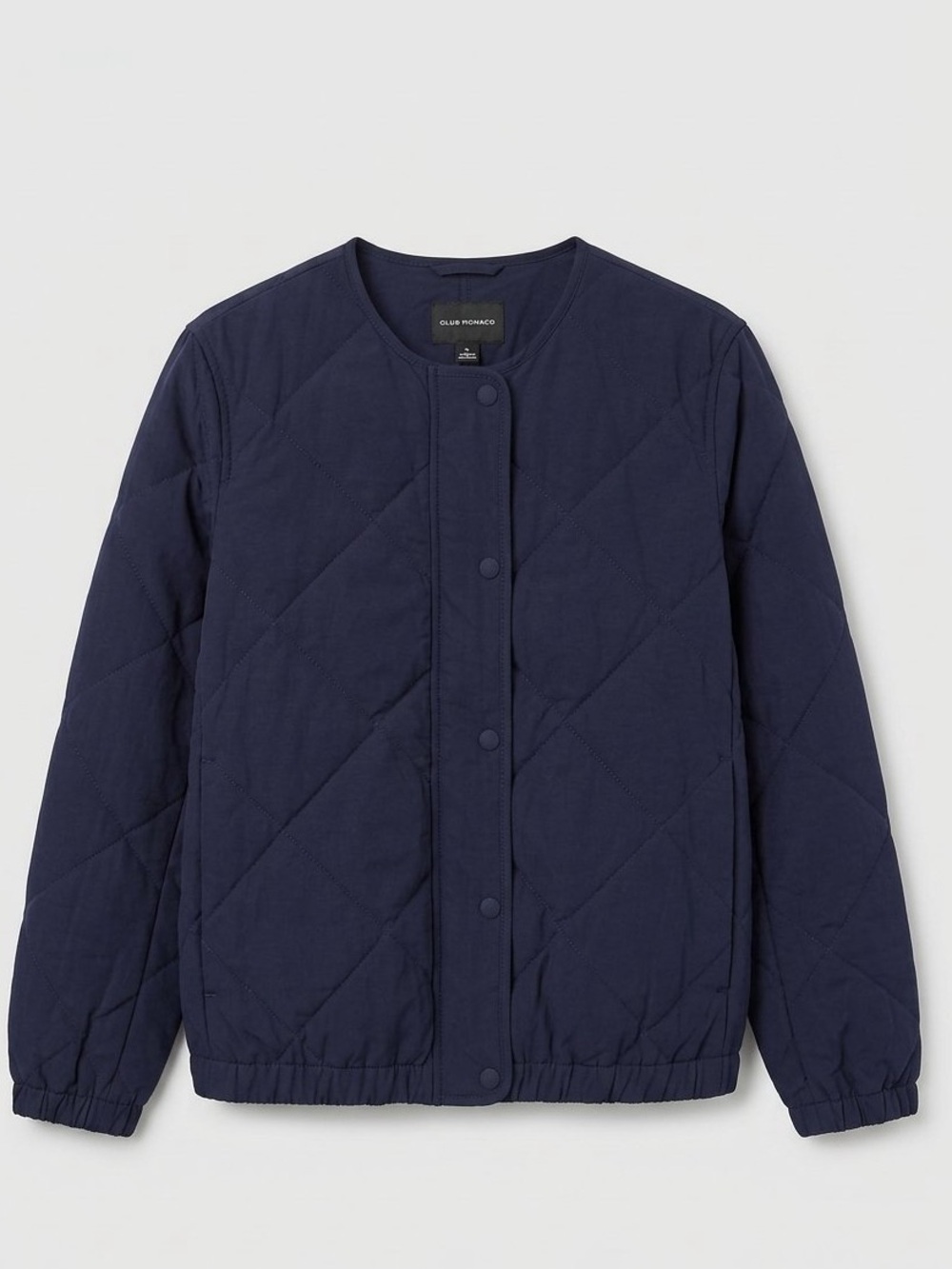 Club Monaco Quilted Collarless Lightweight Zip Button Bomber Navy Blue Jacket
